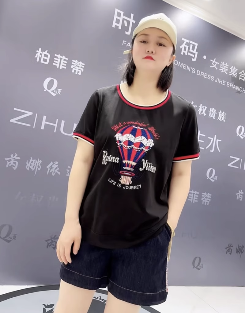 夏装新款芮娜依莲5967圆领T恤加大码女装胖妹妹宽松显瘦百搭短袖 - 图3