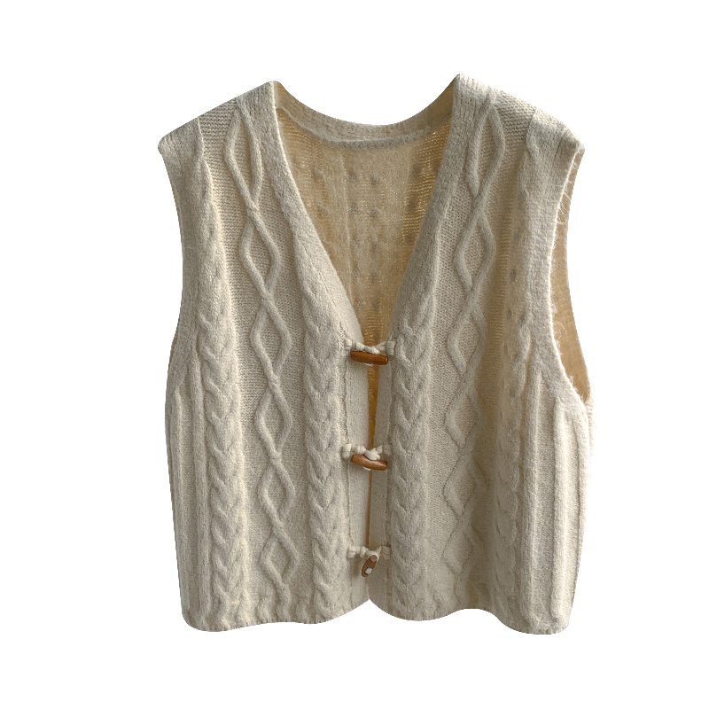 牛角扣针织V领马甲背心女韩版秋冬宽松休闲设计感针织衫马甲女 - 图3