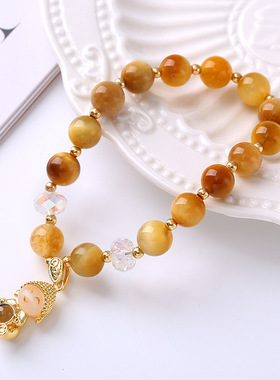 投影佛头手链女ins韩版风金色虎眼石水晶手链单圈时尚男女士佛珠