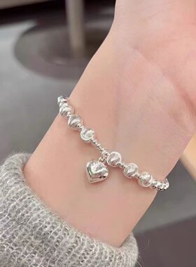 镀厚银手链女款爱心手工串珠银珠手串猫眼珠弹力线圆珠手环小众