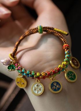 五彩绳唐卡手串五路财神手绳桃花手链饰品民族风复古可调节