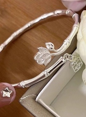 竹报平安手镯女简约实心竹节白铜手环小众推拉镯子送女友七夕礼物