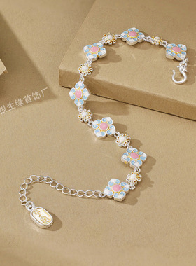 抖音同款铜镀银手链四叶草木兰花手链文艺淡雅风气质可调节手链