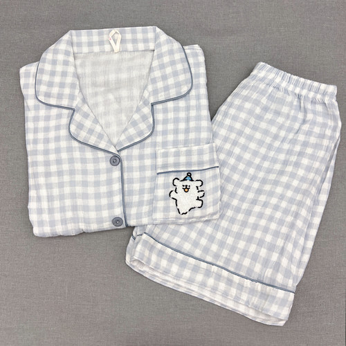 双层泡泡纱睡衣夏天女款纯棉短袖套装日系甜美可爱卡通家居服夏季 - 图0
