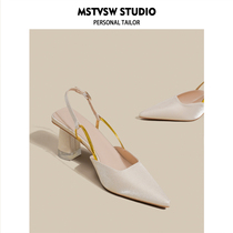Ya Pavilion method silk satin Baotou sandal women Summer temperament Coarse Heel High Heels White Pointed Single Shoe Woman