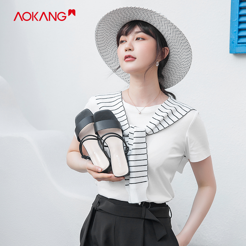 奥康女鞋旗舰店奥康女鞋 夏季新款pu皮平底气质慵懒凉拖外穿低跟拖鞋网红ins2