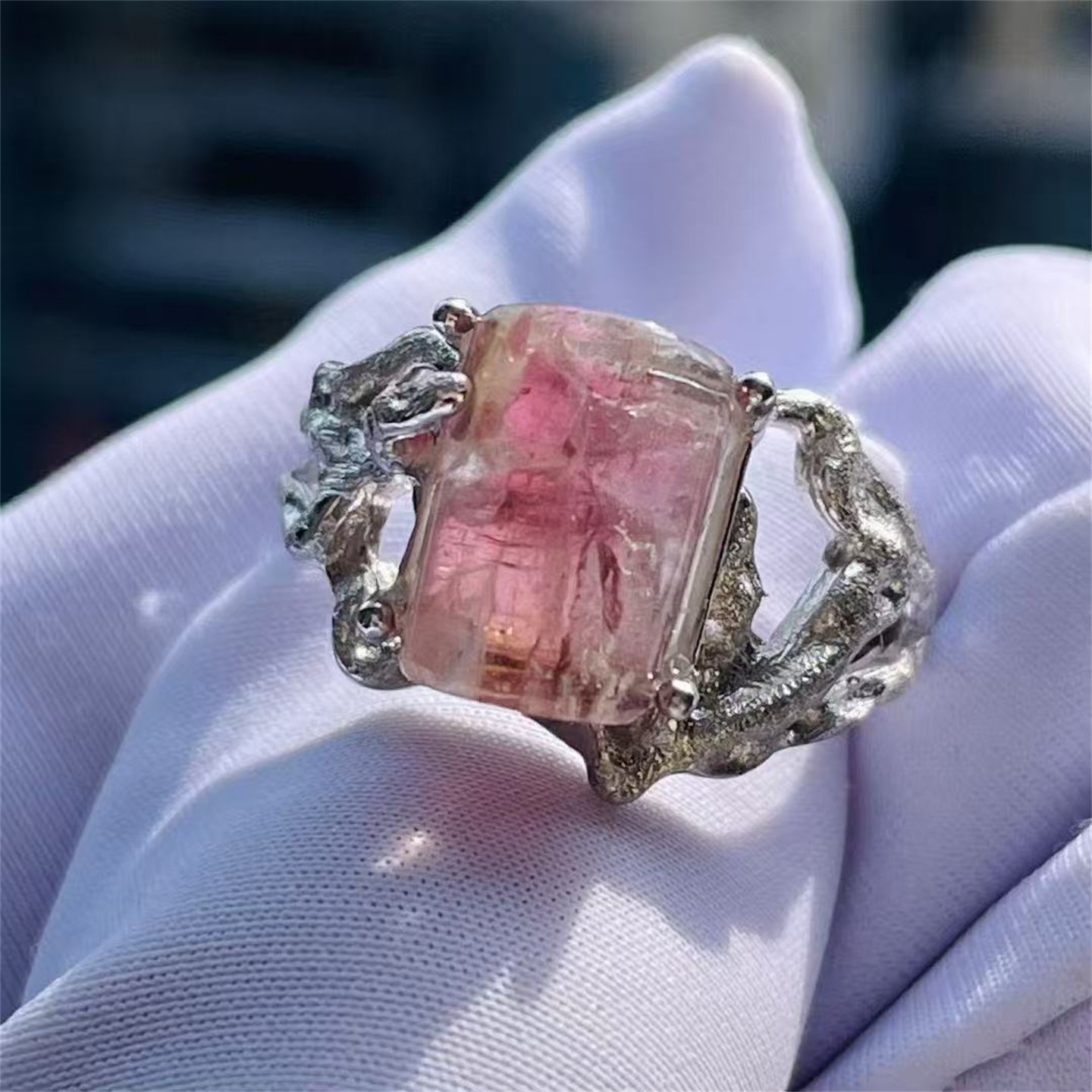 天然水晶包裹体粉碧玺矿物裸石银镶嵌戒指活口可调节饰品礼物,淘宝优惠券,粉丝福利购,淘宝优惠卷