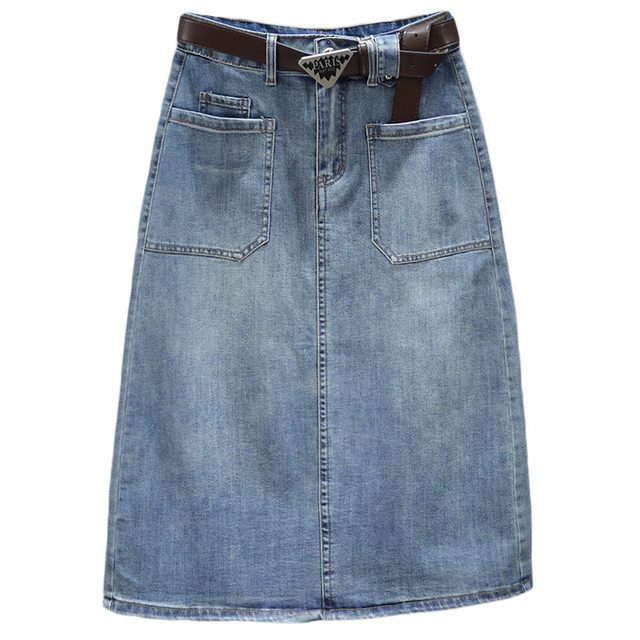 Mid-length denim skirt, versatile skirt that looks slimming