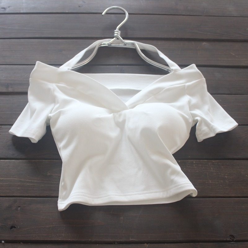 挂脖一字肩纯棉T恤短袖春夏季含胸垫露脐短款紧身性感甜辣妹上衣,淘宝优惠券,粉丝福利购,淘宝优惠卷