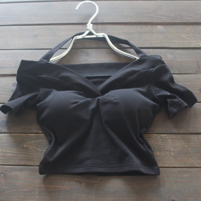 挂脖一字肩纯棉T恤短袖春夏季含胸垫露脐短款紧身性感甜辣妹上衣,淘宝优惠券,粉丝福利购,淘宝优惠卷