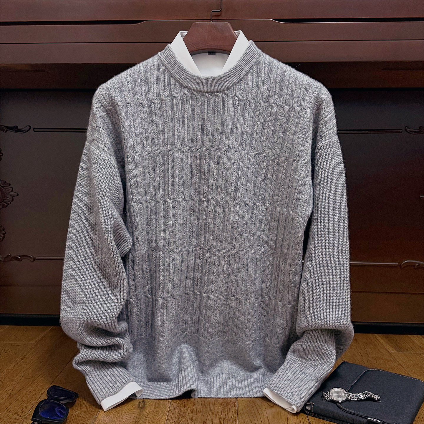 双股加厚简约款冬季男士100纯羊绒衫宽松潮流麻花竖纹青年毛衣男,淘宝优惠券,粉丝福利购,淘宝优惠卷