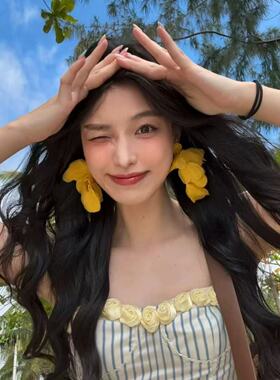 彩色流苏耳环 海边度假氛围黄色耳钉花瓣耳环波西米亚无耳洞耳夹