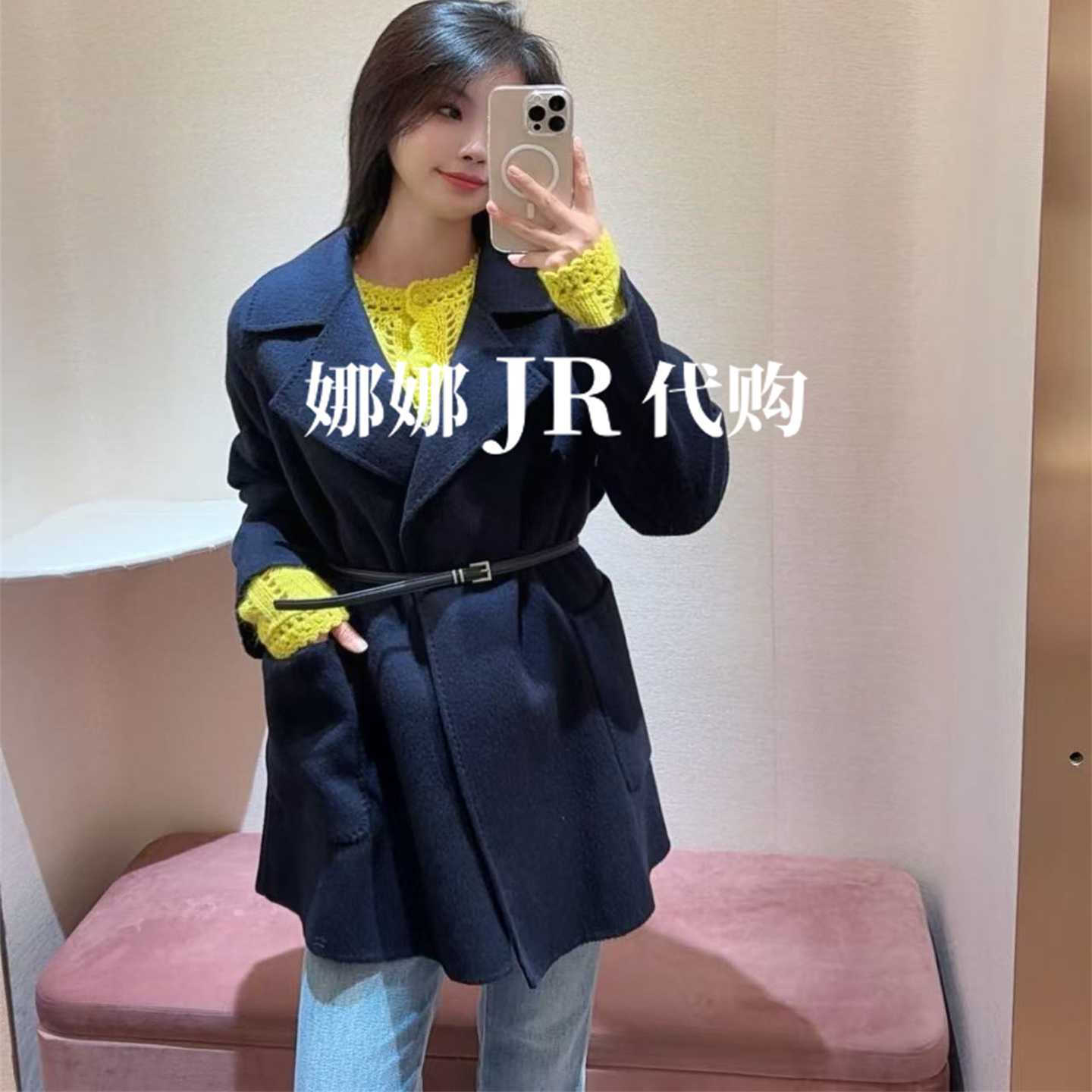 JR专柜正品2025年冬季新款西装领拼接腰带毛呢大衣女外套XRJ7D09D - 图1