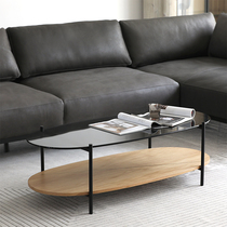 Designers Solid Wood Surface Industrial Wind Iron Art Double Tempered Glass Oval Tea Table Small Family Type Rectangular Living Room