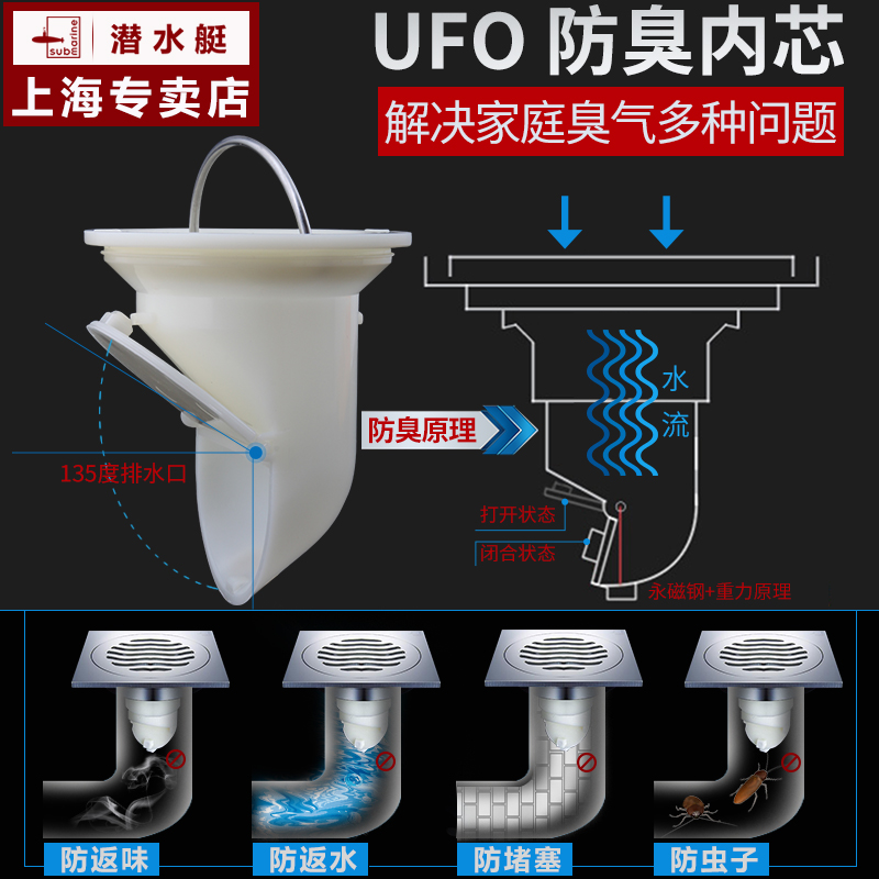 潜水艇官方店地漏防臭下水道卫生间淋浴旗舰正品洗衣机两用地漏芯-图2