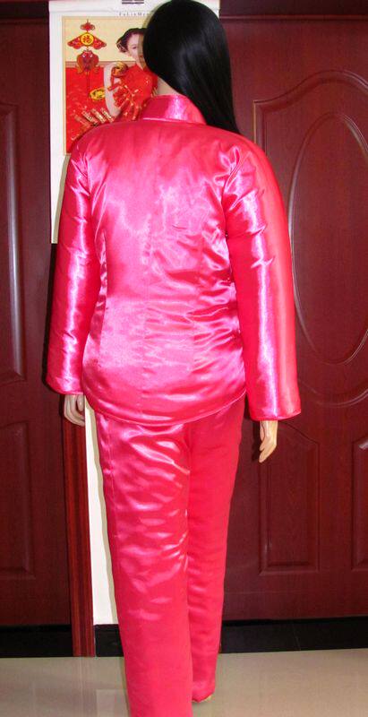 玫红镜面丝绸加厚复古风中式古典连袖大襟唐装棉袄棉裤定做