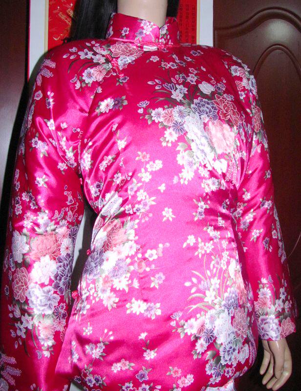 玫红花色丝绸复古中式古典加厚连袖大襟唐装棉袄棉裤定做