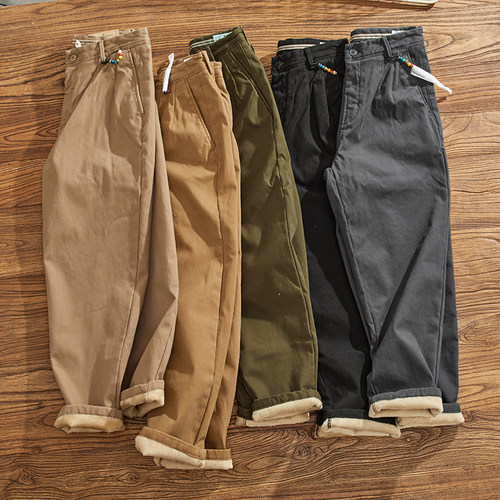 冬季加绒加厚微弹休闲裤男直筒美式复古简约CHINO工装锥形裤子潮 - 图1