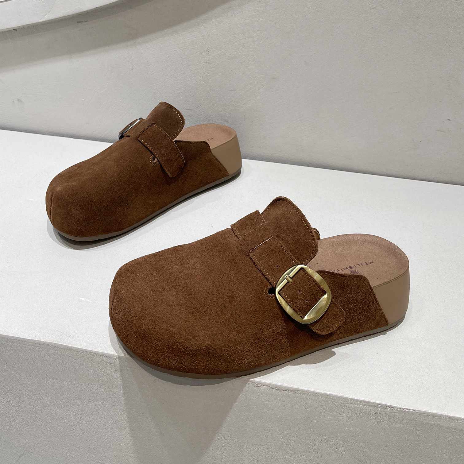 真皮厚底勃肯鞋女2025新款秋季爆款增高包头半拖鞋懒人一脚蹬女鞋 - 图0