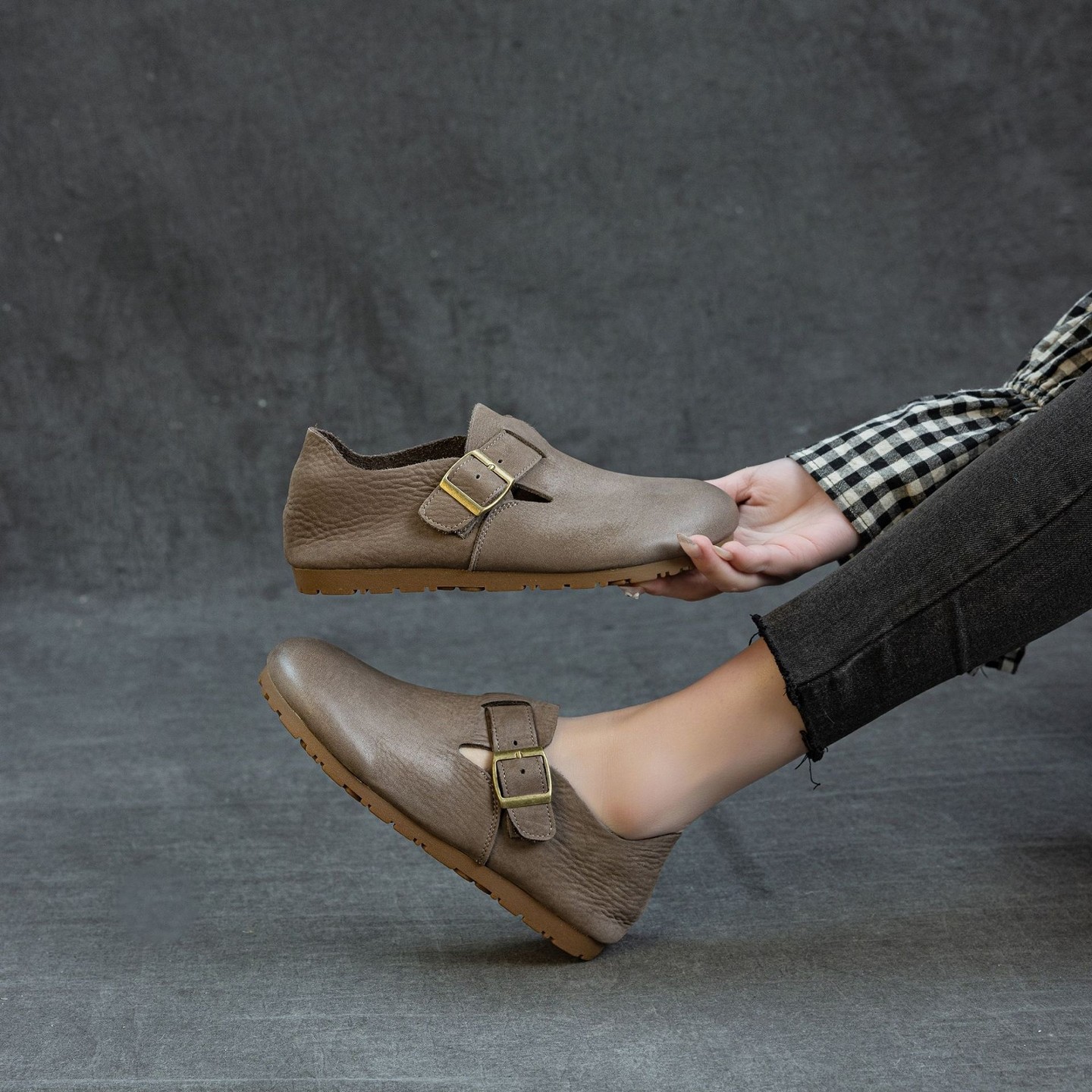 手工真皮单鞋女新款复古文艺平跟软底加绒勃肯鞋简约低帮红色棉鞋,淘宝优惠券,粉丝福利购,淘宝优惠卷