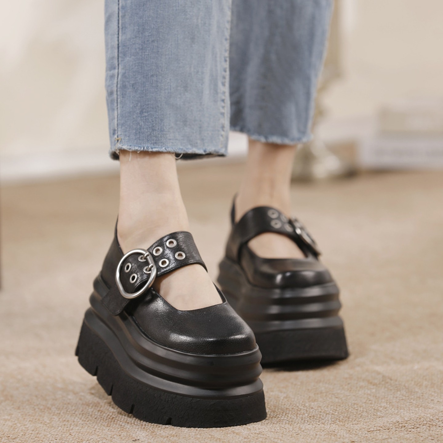 四月倾城复古真皮高端单鞋女2026年春夏新款小个子增高厚底面包鞋,淘宝优惠券,粉丝福利购,淘宝优惠卷