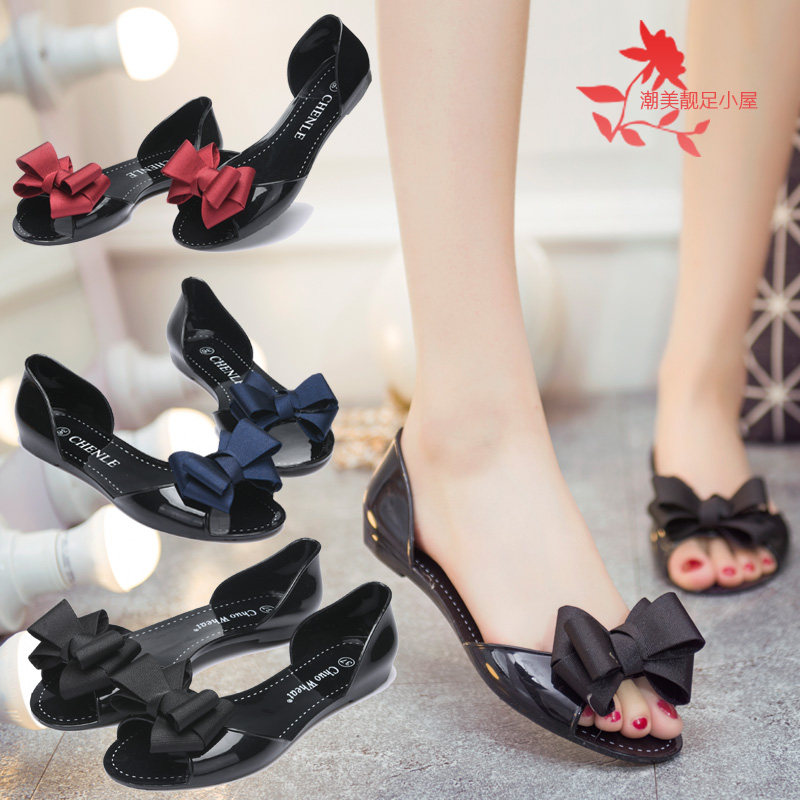 花朵凉鞋果冻鞋女夏平底学生鱼嘴水晶透明外穿韩版塑料女鞋沙滩鞋,淘宝优惠券,粉丝福利购,淘宝优惠卷