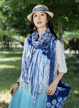 扎染民族风围巾云南旅游莲花印花圍巾棉麻围巾女防晒百搭流苏披肩