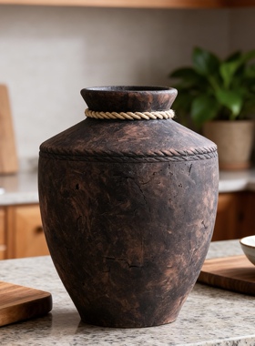 也木自然主义中古风岛台餐厅入户玄关别墅装饰品客厅茶几摆件花瓶
