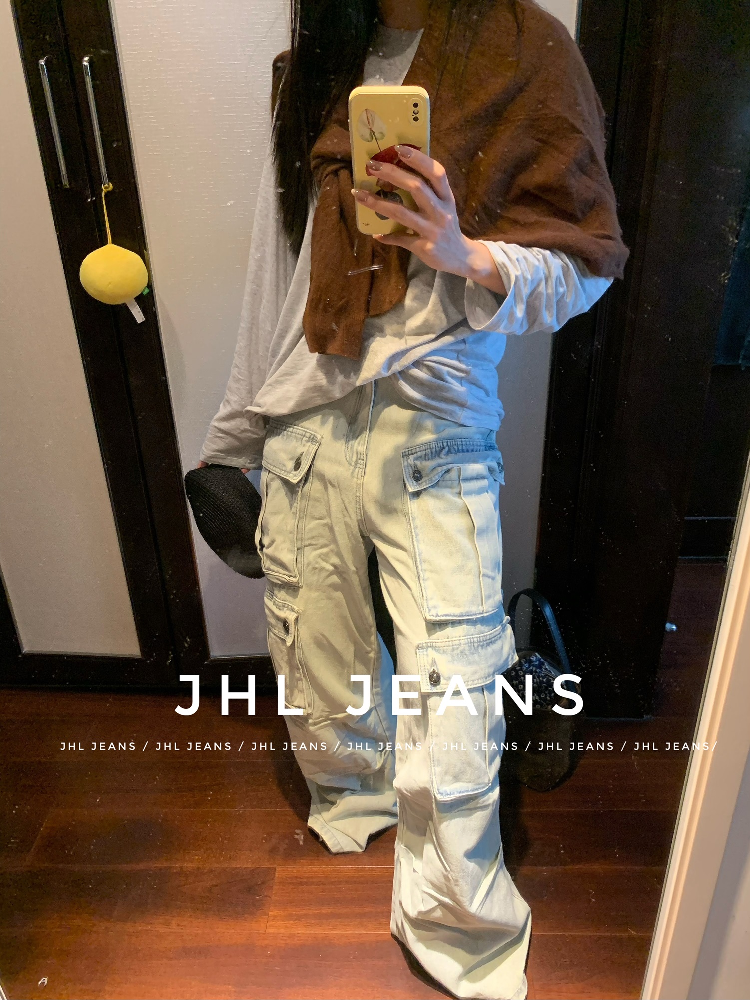 JHL JEAN 水洗牛仔 多口袋工装阔腿裤 两色可选 男女 - 图1