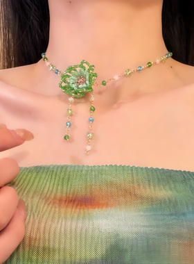 HEY TAO春季绿色串珠花朵项链女款复古森系小清新气质颈链锁骨链