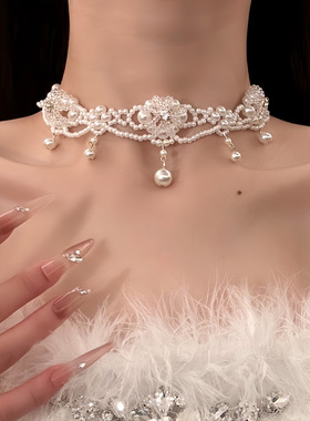 HEY TAO复古镶钻珍珠项链女款轻奢高级感锁骨链新娘礼服配饰颈链
