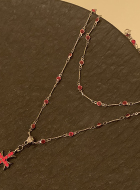 HEY TAO暗黑双层红色十字架项链女款高级感锁骨链安可雷配饰颈链