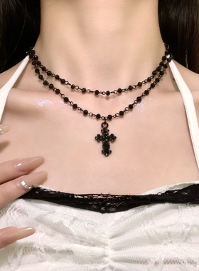 HEY TAO复古暗黑系十字架项链女小众亚文化辣妹双层叠戴颈链配饰