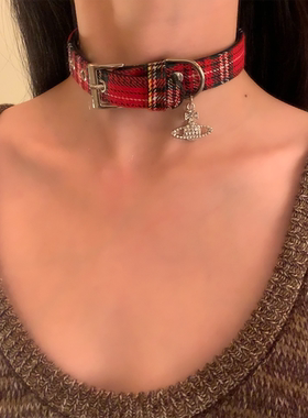 HEY TAO秋冬款英伦学院风红色格纹项圈choker项圈项链女小众颈链