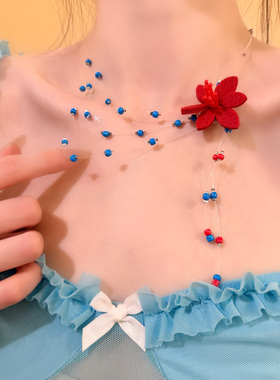 HEY TAO春日多巴胺撞色花朵项链蓝色串珠choker颈链设计感锁骨链