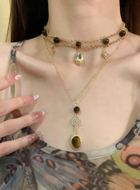 HEY TAO复古美拉德虎眼石项链女小众vintage中古风叠戴锁骨链配饰