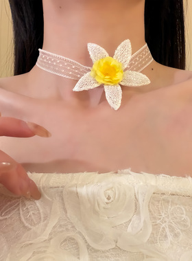 HEY TAO春季氛围感花朵蕾丝颈带项链女复古纯欲气质度假风锁骨链