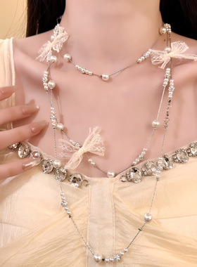 HEY TAO满天星小香蕾丝蝴蝶结珍珠项链多层叠戴颈链高级感锁骨链