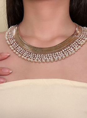 HEY TAO重工奢华金色闪钻珍珠choker颈链时尚复古气质项链锁骨链