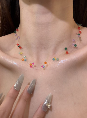 HEY TAO春日多巴胺彩色多层串珠项链女简约气质颈链高级感锁骨链