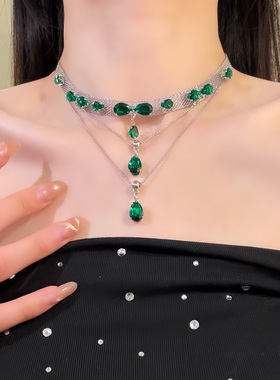 HEY TAO祖母绿水钻叠戴项链女轻奢气质宴会颈链晚礼服配饰锁骨链