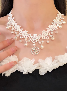 HEY TAO闪钻吊坠珍珠蕾丝颈带项链复古温柔气质颈链choker锁骨链