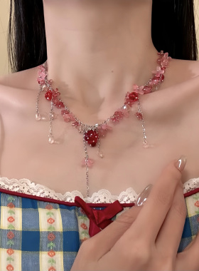 HEY TAO春夏甜美粉色花朵串珠项链小众设计感choker颈链配饰女