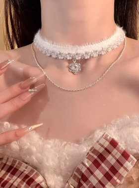 HEY TAO甜美少女粉色雪花毛绒choker项链女秋冬季毛茸茸颈链配饰