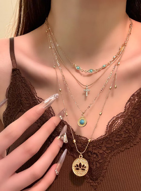 HEY TAO复古vintage项链女镂空花朵十字架吊坠锁骨链多层叠戴颈链