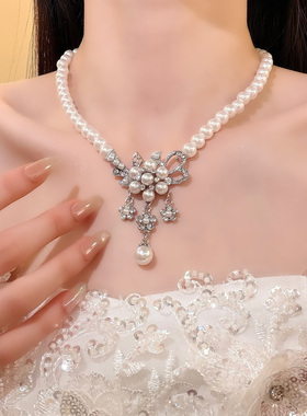 HEY TAO复古闪锆花朵珍珠项链女款气质宴会礼服颈链高级感锁骨链