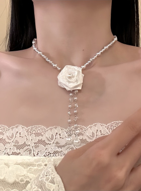 HEY TAO精致白色网纱花朵珍珠项链女超仙气质百搭锁骨链配饰颈链