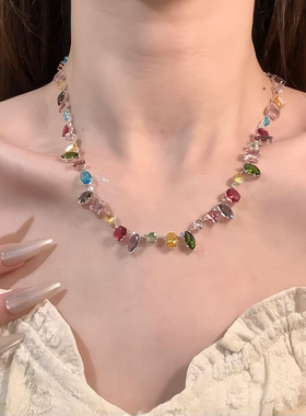 HEY TAO春夏彩色多巴胺糖果水晶串珠项链女轻奢高级感锁骨链配饰