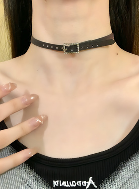 HEY TAO千禧辣妹黑色金属扣皮革项圈颈链女复古小众个性项链配饰