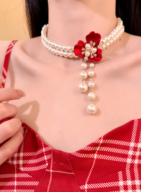 HEY TAO法式浪漫红色花朵项链女双层珍珠流苏choker高级感锁骨链